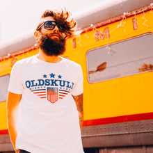 Load image into Gallery viewer, The Iconic American Eagle, the mighty symbol of the United States. Wear this Mighty Wings Shirt proudly. The red, white and blue of the US Flag are shown.  A true American Shirt. This Old Skull US Eagle Flag Shirt reminds me of the song, "I'm proud to be an American..."  Experience the OldSkull Shirts quality. Old Skull Shirts are the coolest shirts you'll own. -OldSkullShirts USA