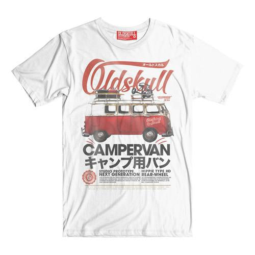 Camper Van features a red VW Camper van - T shirt Oldskull Shirts Store USA the best store in North America.