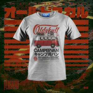 Camper Van features a red VW Camper van on a Grey Shirt - T shirt Oldskull Shirts Store USA the best store in North America.