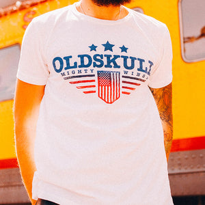 The Iconic American Eagle, the mighty symbol of the United States. Wear this Mighty Wings Shirt proudly. The red, white and blue of the US Flag are shown.  A true American Shirt. This Old Skull US Eagle Flag Shirt reminds me of the song, "I'm proud to be an American..."  Experience the OldSkull Shirts quality. Old Skull Shirts are the coolest shirts you'll own. -OldSkullShirts USA