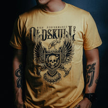 Load image into Gallery viewer, This shirt comes in yellow gold, black or white.  It has a eagle emblem with a shield in the center containing a skull with lightning through it.  The brand name Oldskull Shirts is written above it in bold print.  This is a streetwear vintage style of shirt made of the coolest design  by Oldskull Store USA the best in North America.