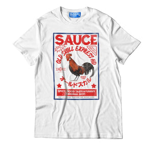 Hot Sauce shirt with Siracha label and Japanese lettering by Oldskull Store USA the best shirt store in North America.